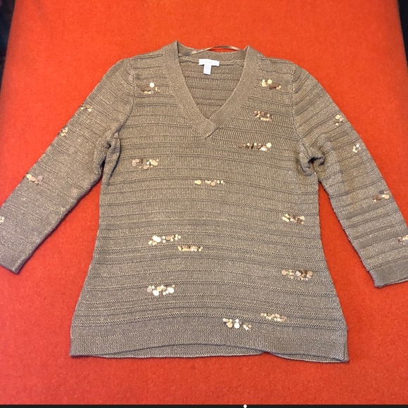 Charter Club vintage cream and gold sequins V-neck ribbed sweater EUC - Picture 2 of 7